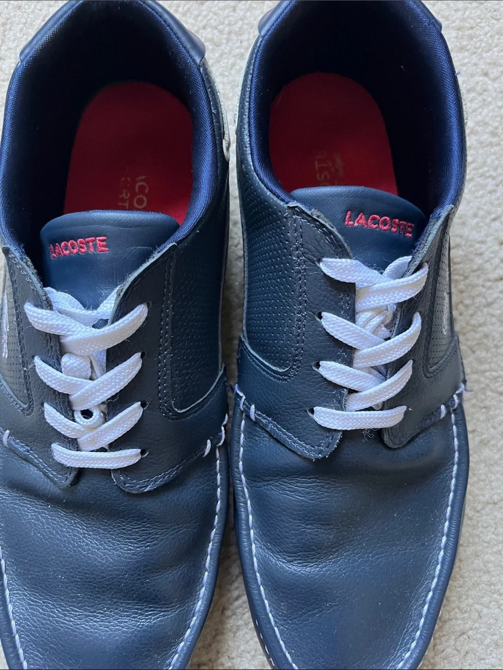 Lacoste Men's Navy Leather Boat Shoes with White Laces